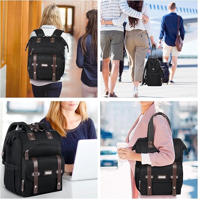Laptop Backpack For Women, Work Doctor Teacher Nurse Wide Open College 15.6 Inch Laptops Backpack Purse with USB Charging Port, Travel Water Resistant RFID Computer Bag for Men Women Black