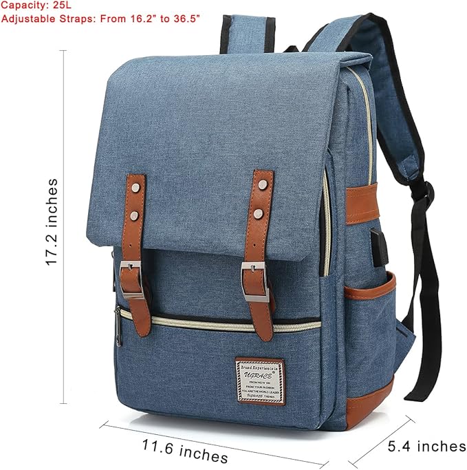 UGRACE Vintage Laptop Backpack with USB Charging Port, Elegant Water Resistant Travelling Backpack Casual Daypacks College Shoulder Bag for Men Women, Fits up to 15.6Inch Laptop in Blue