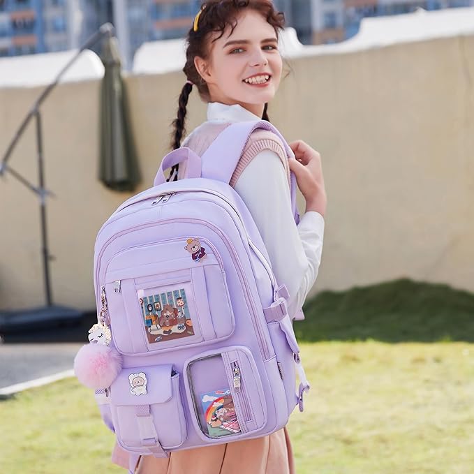 LXYGD Backpack for Girls with Accessories Laptop Bookbags 16 Inch Kawaii Kids Elementary Middle High School Bag College Travel Daypack Gifts for Teens Women Students (Purple)