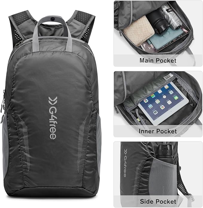 G4Free 25L Lightweight Hiking Backpack Packable Foldable Sport Travel Daypack Water Resistant for Women Men（Black）