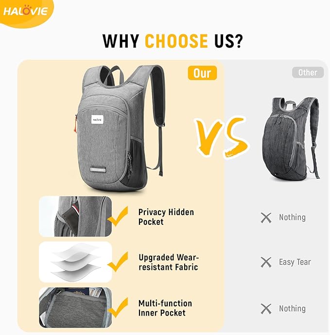 HALOVIE Small Hiking Backpack 10L Packable Lightweight Daypack Foldable Travel Back Pack for Women Men(Lightgray)