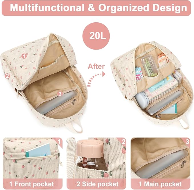 BTOOP School Backpack for Teens Large Corduroy Bookbag Lightweight 15.6 inch Laptop Bag for Girls Women Casual High School College