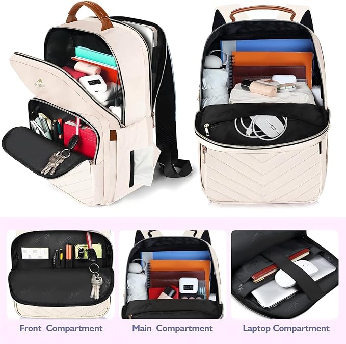 MATEIN Lightweight Quilted Laptop Backpack for Women, 15.6 Inch Slim Design Laptop Backpack with Leather Handles, Fashion Teacher Nurse Bag, Perfect for Work and Commute, Beige