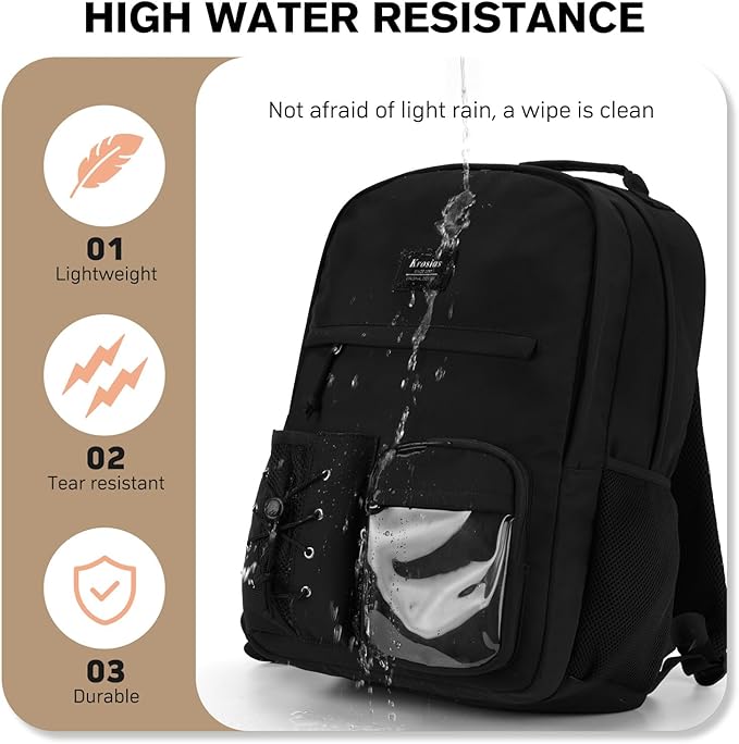 Backpack for School Teens Boys and Girls, Black Backpack for Men and Women College Bookbag Travel Laptop Back Pack Fits 15.6 Inch Laptop