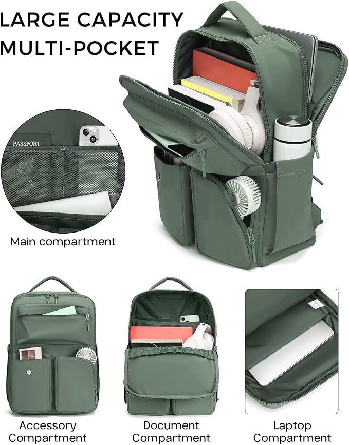 FODOKO Backpack for Work, Casual Backpack for Women Men Daypack Backpack for Travel College Bookbag Separate Compartment for 15.6 Inch Notebook JasperGreen