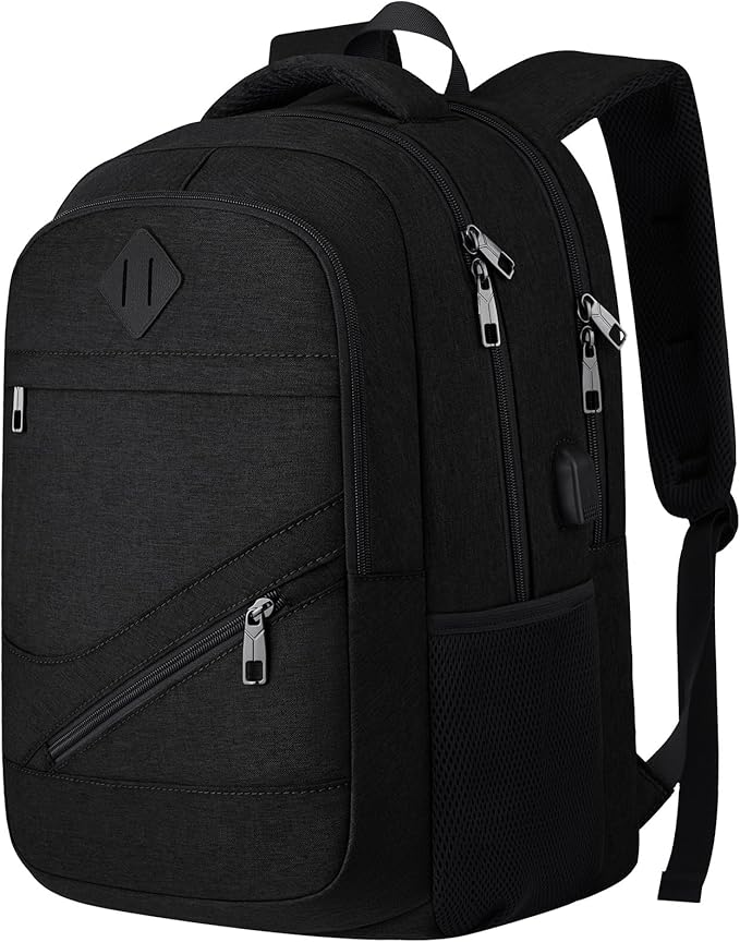 School Laptop Backpack for Women Men: 17.3 Inch College High School Backpacks with USB Charging Port Waterproof Travel Back Pack with Anti-theft Pockets Casual Work Daypack for Boys Students (Black)