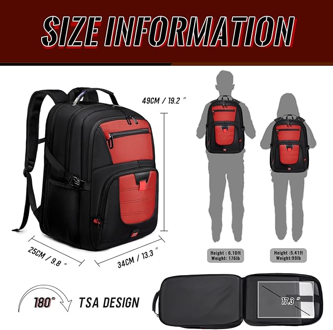 17.3 Inch Laptop Backpack with LifetimeWarranty, Extra Large TSA Friendly Travel Backpack for Men Women, 17 Inch Big TSA Airline Approved Work Computer Backpack for Business Travel,Red