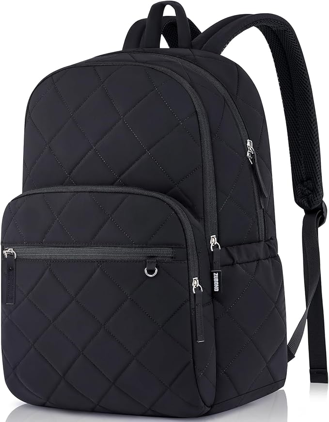 Backpack for Men and Women, School Backpack for Boys Girls, Quilted Casual Travel Daypack, Water-Resistant Bookbag for 15.6 Inch Laptop, Black
