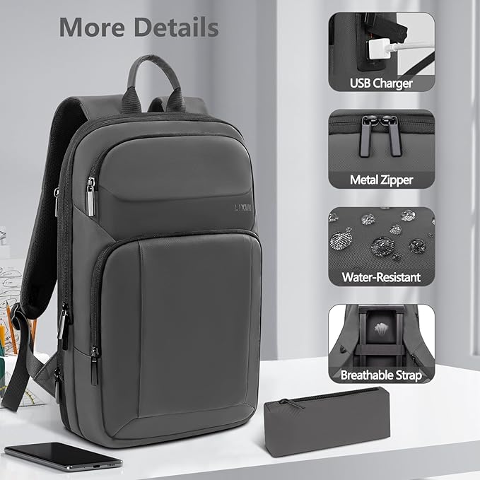 Backpack for Men Slim & Expandable Travel Laptop Backpack with USB Charging Port Water Resistant Anti-Theft Business Backpack Fits 15.6In Laptop for Commute Work College with Small Bag(Simple Gray)