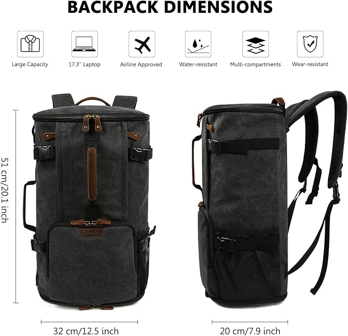 G-FAVOR 40L Travel Backpack, Vintage Canvas Rucksack Convertible Duffel Bag Carry On Backpack Fit for 17.3 Inch Laptop Bag