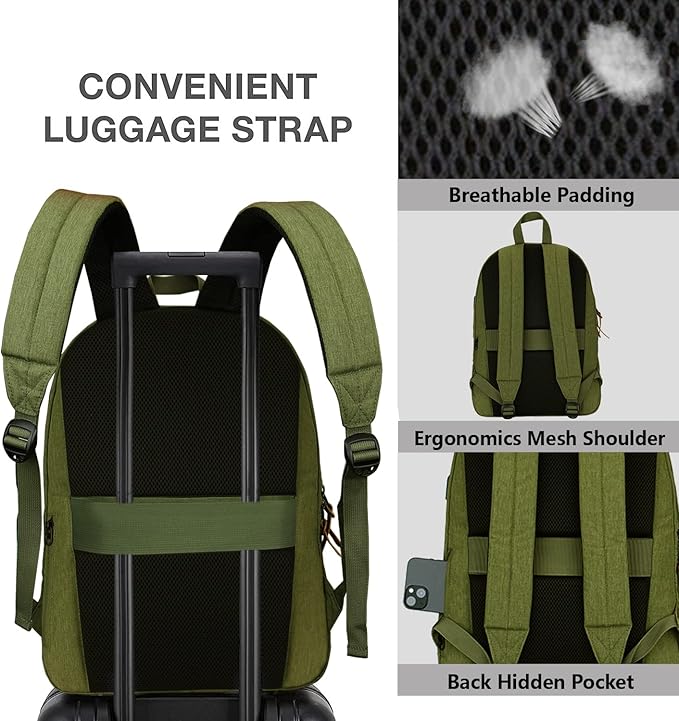SUPACOOL Lightweight Laptop Backpack with USB Charging Port for Men and Women, Double Layers Backpack for College, Work, Travel, Casual(Olive and Brown)