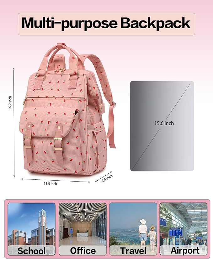 Laptop Backpacks for Women, Corduroy High School College Bookbag 15.6 Inch Laptop Bags for Girls Travel Daypack - Cherry Pink