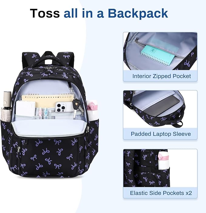 Girls Backpack, Lightweight School Backpack Multiple-pocket College Bookbag for Teen Girls Travel Backpack with Luggage Strap for Women, Black with Purple Bow