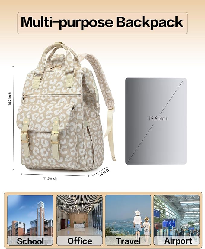 Laptop Backpacks for Women, Corduroy High School College Bookbag 15.6 Inch Laptop Bags for Girls Travel Daypack - Leopard Brown