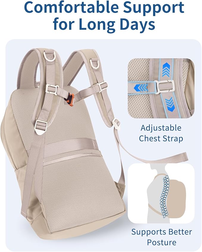 WANDF 15.6-Inch Laptop Backpack for Women, Travel Backpack Water-Resistant Lightweight College Backpack for Work Casual Business Weekender (Khaki)