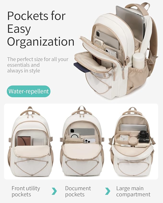 Teen Backpack for Girls, Women Bookbag for College Students Middle High School, Aesthetic Schoolbag Back Pack, White Khaki