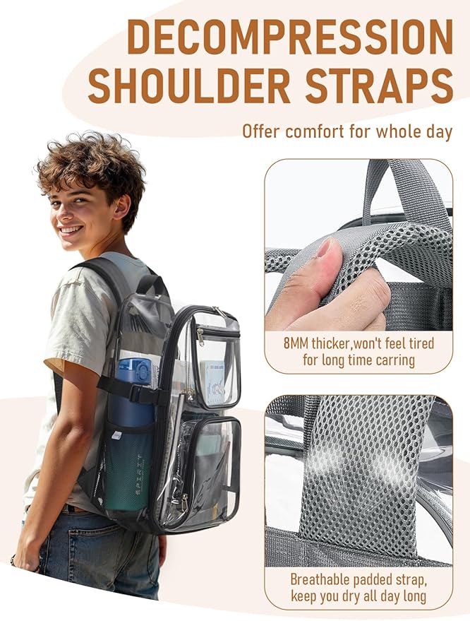 Large Clear Backpack Heavy Duty, 17 inch Clear Bookbag for Boys Girls Women Men, See Through Transparent Backpack With All-Around Reflective Strips for College Work Travel,Grey