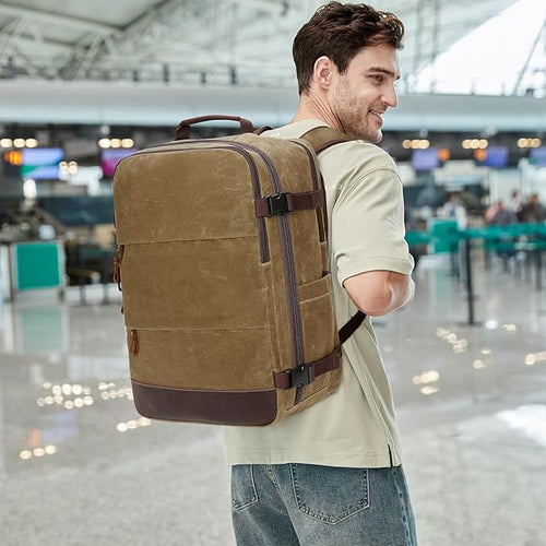 BOVIP Travel Backpack for Men Carry On Backpack Flight Approved Personal Item Backpack, 18.4 inch Laptop Backpack Casual Daypack Weekender Business Hiking Backpack, Brown