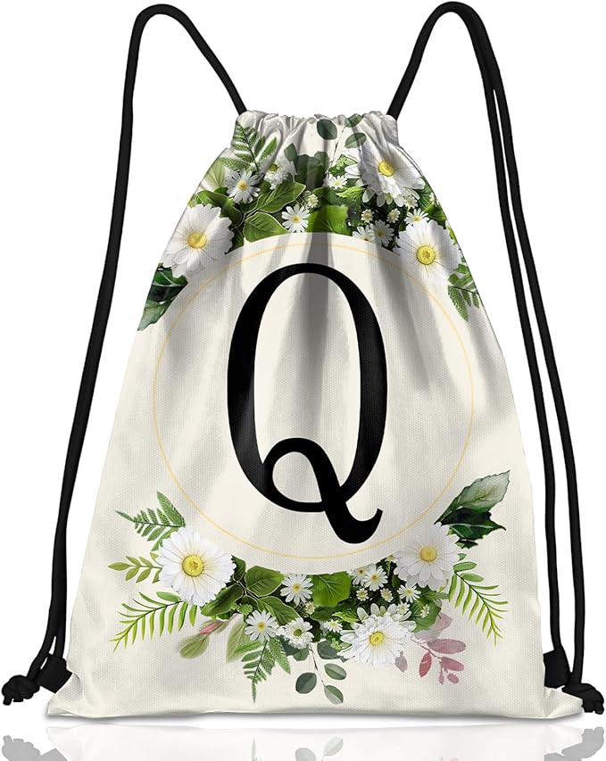 Initial Letter Drawstring Backpack String Sports Gym Bags Waterproof Sackpack Cute for Men Women Beach (13"×17") (Letter-Q)