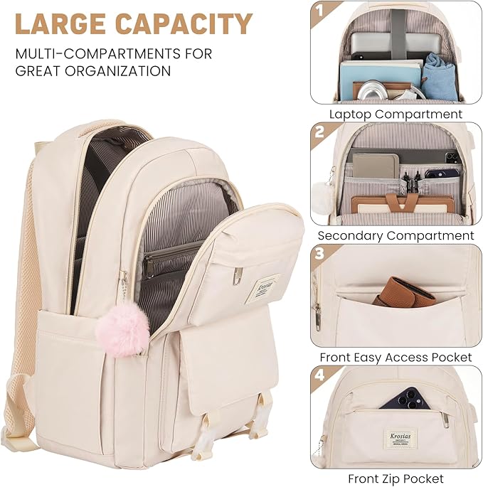 School Backpack for Girls Teens, Cute Aesthetic College Backpacks Large 15.6 Inch Laptop Bag Preppy Bookbag for Women Students Travel (Beige)