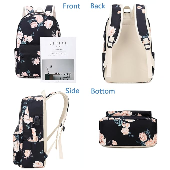 Laptop Backpack for Girls Women, School Backpack with Lunch Bag and Pencil Bag, College Bookbag Travel Daypack with USB Charging Port and Headphone Interface, Floral