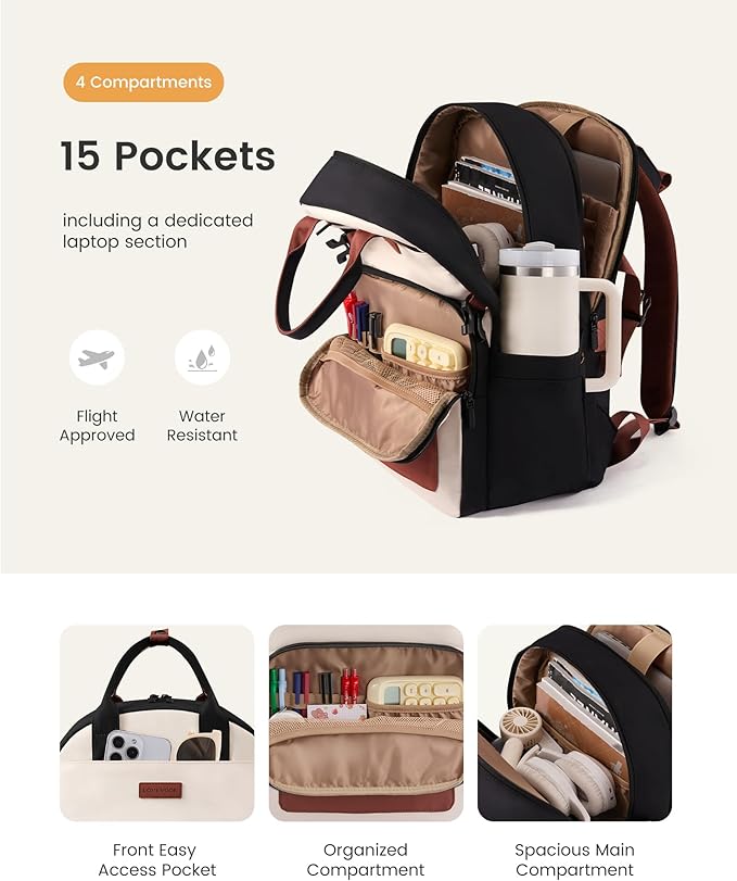 LOVEVOOK Laptop Backpack for Women - Stylish Work Backpack with Large Cup Holder, Waterproof College Teacher Backpack, Black, 18Inch