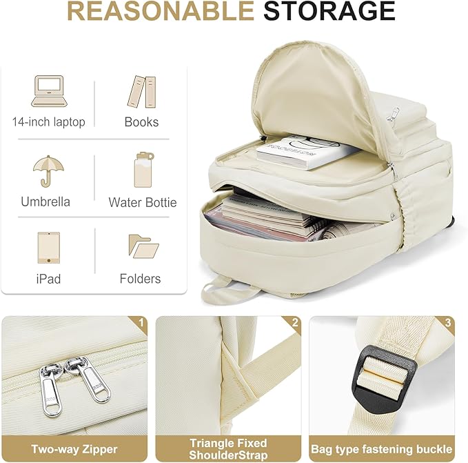 College Backpack For Women Men,Lightweight High School Bag,School Backpack With Lots Of Pockets,Cute Bookbag For Teens Boys Girls,Casual Daypack Backpack For School(Beige)