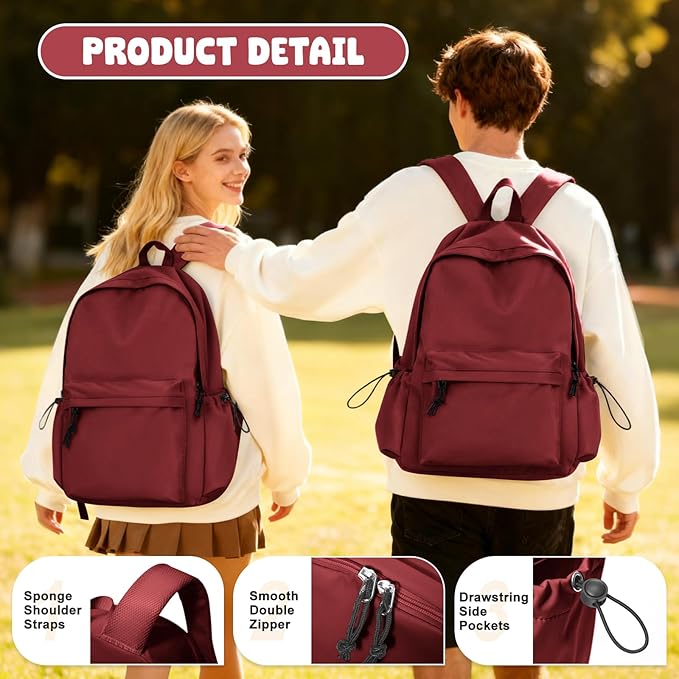 VECAVE School Backpack Red Waterproof Bookbag Casual Lightweight Travel Rucksack Daypack Backpacks for Men Women College High School Bags backpack for Boys Girls Teens
