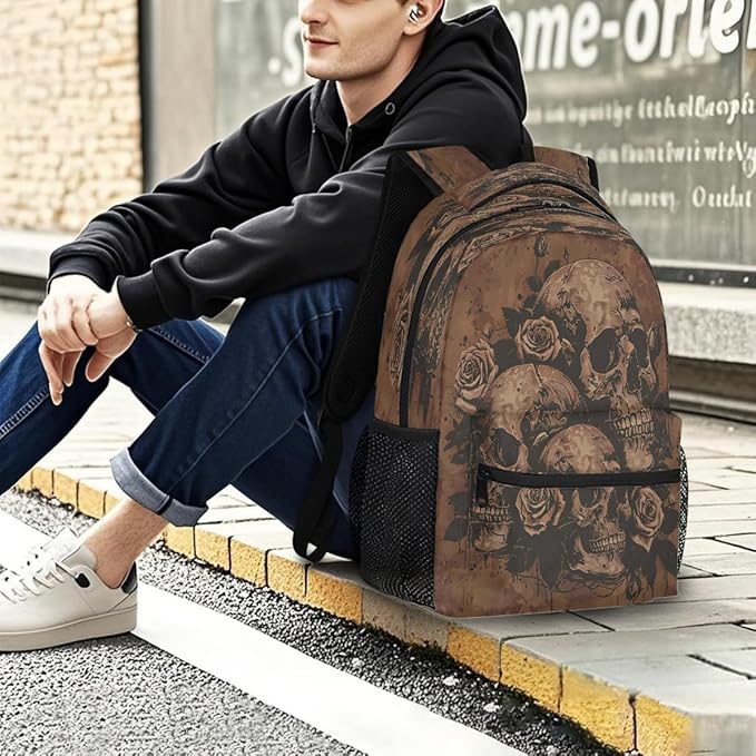 Pardick Vintage Skull Backpack for Kids Girls Boys Lightweight School College Students 18in Bookbag Large Capacity Computer Backpacks Laptop Rucksack Travel Gym Hiking Camping Daypack