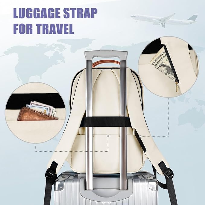MATEIN Lightweight Quilted Laptop Backpack for Women, 15.6 Inch Slim Design Laptop Backpack with Leather Handles, Fashion Teacher Nurse Bag, Perfect for Work and Commute, Beige