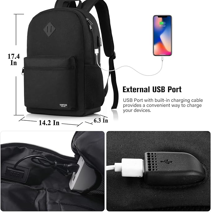 YAMTION Black Backpack for Women Men,Casual School Backpack Teen Boys and Girls 15.6 Inch Laptop Bookbag with USB Charger for College High School Travel Business
