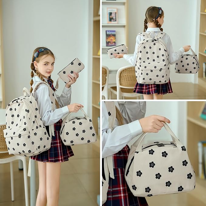 School Backpack for Girls Laptop Backpack for Teen Women Preschool Kindergarten Elementary Kids Bookbags Travel Daypack with Lunch Bag and Pencil Case (Corduroy Floral)