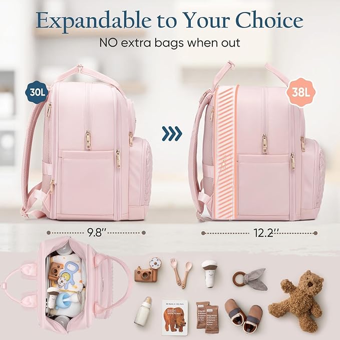 Extra Large Diaper Bag Backpack - Diaper Bag for 2 Kids Twins (Expandable 30L-38L) - Cute Travel Baby Backpack with Changing Pad for women (Pink, Water Resistant)