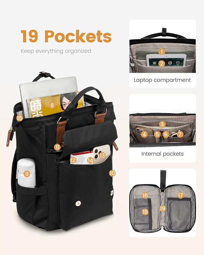 LOVEVOOK Laptop Backpack Purse for Women Work Traveling Commuter Backpack Business Computer Bag Doctor Nurse Bags College Backpack Teacher Laptop Bag, 15.6 Inch, Black-brown (Upgraded)