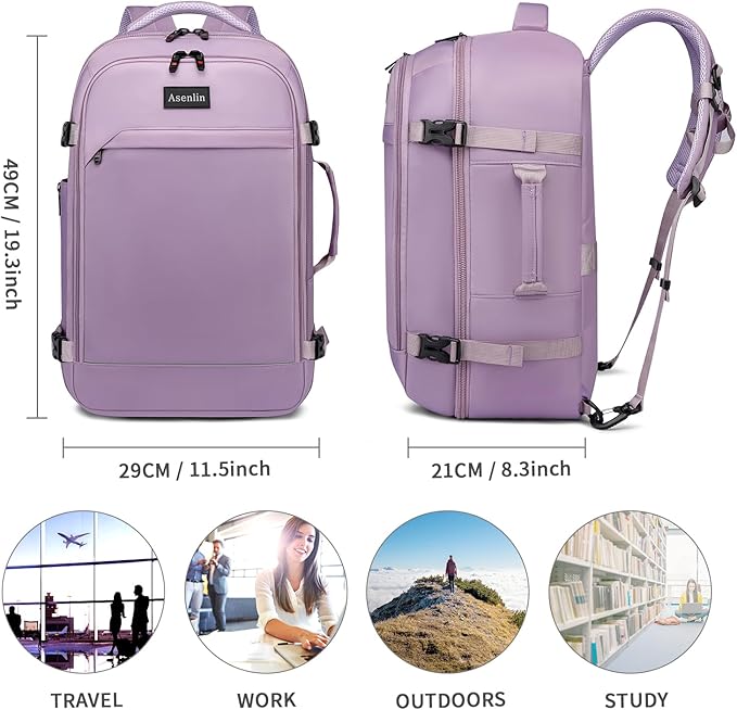 Asenlin 40L Travel Backpack for Women Men,Fit 17.3 Inch Laptop Backpack Flight Approved Luggage Carry On Water Resistant for Weekender Overnight Large Daypack Purple
