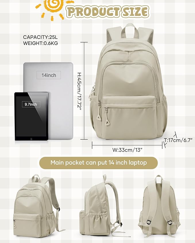 winspansy Backpack for School Teenage Girls Boys,Waterproof Lightweight School Bags Travel Daypack Simple Cute College Backpack Rucksack for Women Men fit 14 Inch Laptop,Khaki
