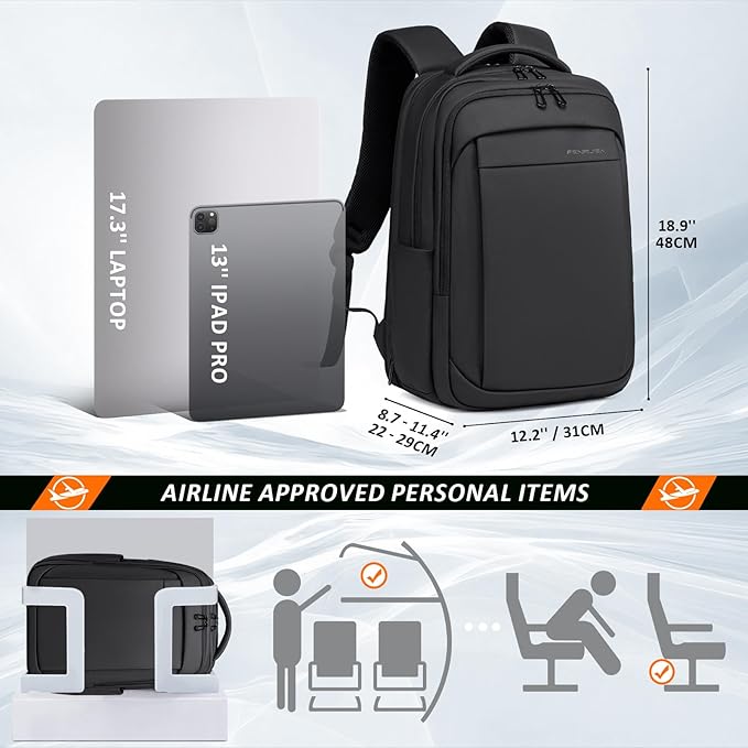 FENRUIEN Expandable Travel Backpack for Men, Water Resistant Computer Backpack with USB Charging Port，Black Laptop Bag 17.3 Inch
