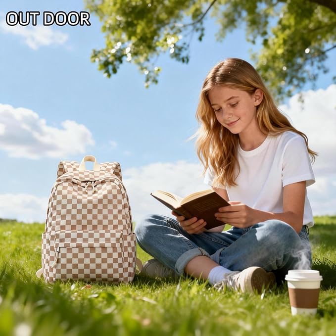 LOULOU Kids Backpack for Girls, Large Checkered School Backpack for Kids 8-12, Lightweight Bookbag for Elementary Middle & High School, Travel & Airplane Backpack for Kids, Cute Back to School Gifts