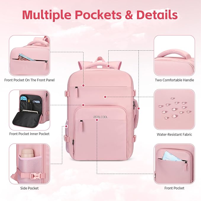 RealCool Travel Backpack for Women Men - Gift for Travelers, Students & Professionals, 15.6 Inch Laptop Carry On Backpack, TSA Flight Approved, College School Business Weekender Daypack -Pink