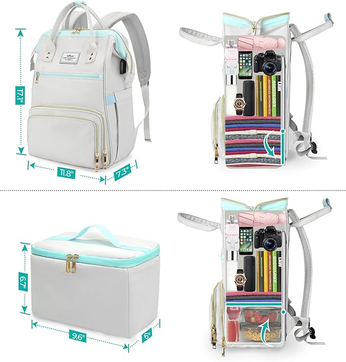 ETRONIK Lunch Backpack, 15.6 Inch Laptop Backpack with USB Port, Stylish Nurse, Teacher Work Bag with Insulated Cooler Lunch Box for Women Men, College Backpack for Travel, Grey Blue | with USB Port, Stylish, Nurse, Teacher, Work Bag