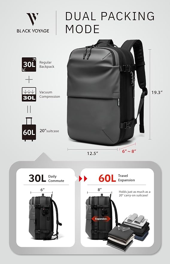 BlackVoyage Vortex Vacuum Seal Travel Backpack 60L Expandable Air Compression System Water Resistant TSA Lock Carry-On Suitcase Luggage Gray AERO - No Vacuum Pump