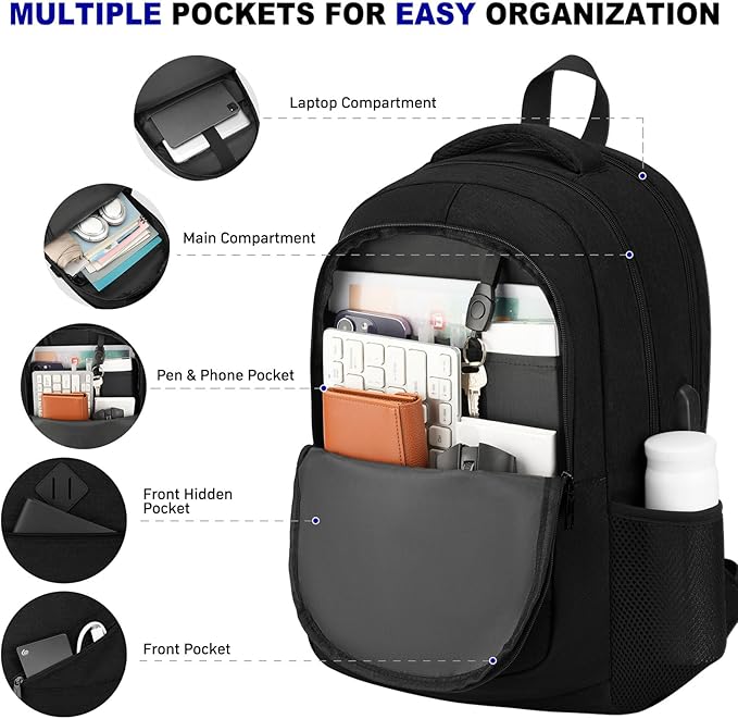 School Laptop Backpack for Women Men: 17.3 Inch College High School Backpacks with USB Charging Port Waterproof Travel Back Pack with Anti-theft Pockets Casual Work Daypack for Boys Students (Black)