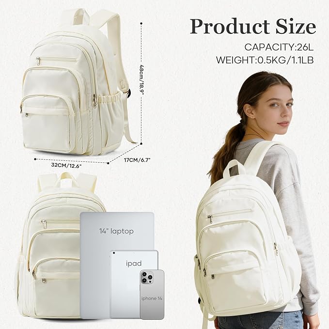 College Backpack For Women Men,Lightweight High School Bag,School Backpack With Lots Of Pockets,Cute Bookbag For Teens Boys Girls,Casual Daypack Backpack For School(Beige)