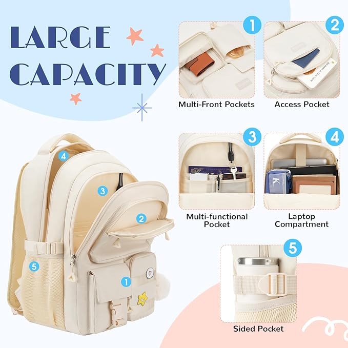 Cute Middle High School Bags Bookbag for Teen Girls,Laptop Backpack for Women,Back Pack Knapsack for College Student(Beige)