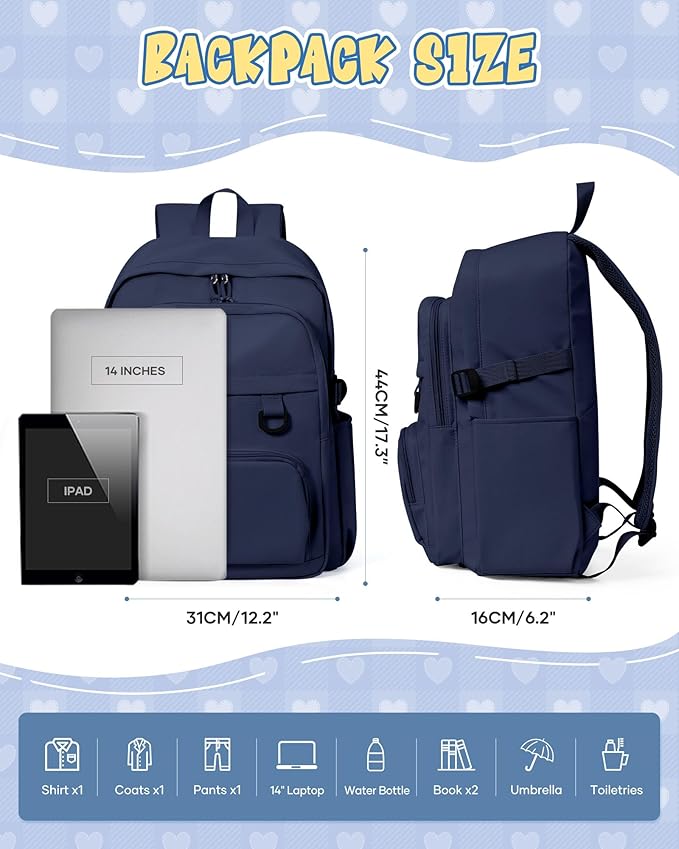 Lightweight Backpack for College & High School Backpack With Lots of Pockets Cute School Bag for Girls Boys, Large Capacity Bookbag for Women Men, Waterproof Teens Casual Daypack Backpack(Dark Blue)