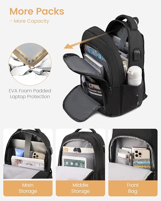LOVEVOOK School Backpack for Women Men Black Backpack with 15.6" Laptop Compartment Lightweight Bookbag for College Work High School