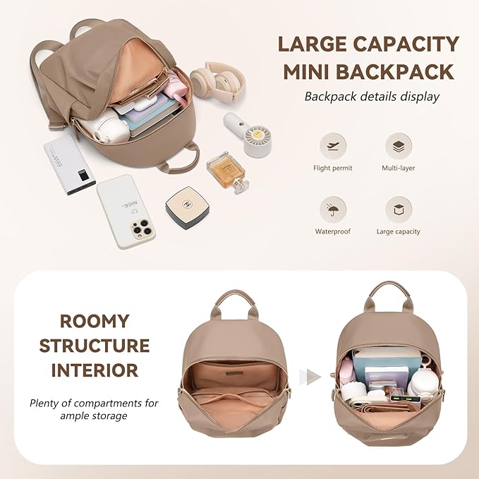 Small Backpack for Women, Cute Backpack Casual Work Daypack Purse for College Travel, fit 9.7 Inch,Champagne Brown