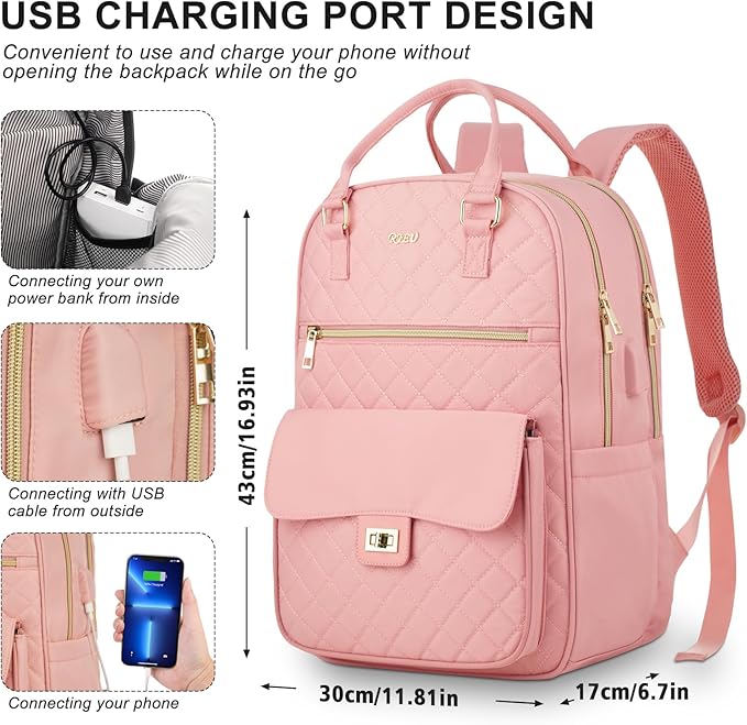 Backpack Boogbag for Women,Cute School Backpack for Teen Girls with Laptop Compartment,Quilted Stylish Computer Bag Big Book Bag for College Student Work,Pink