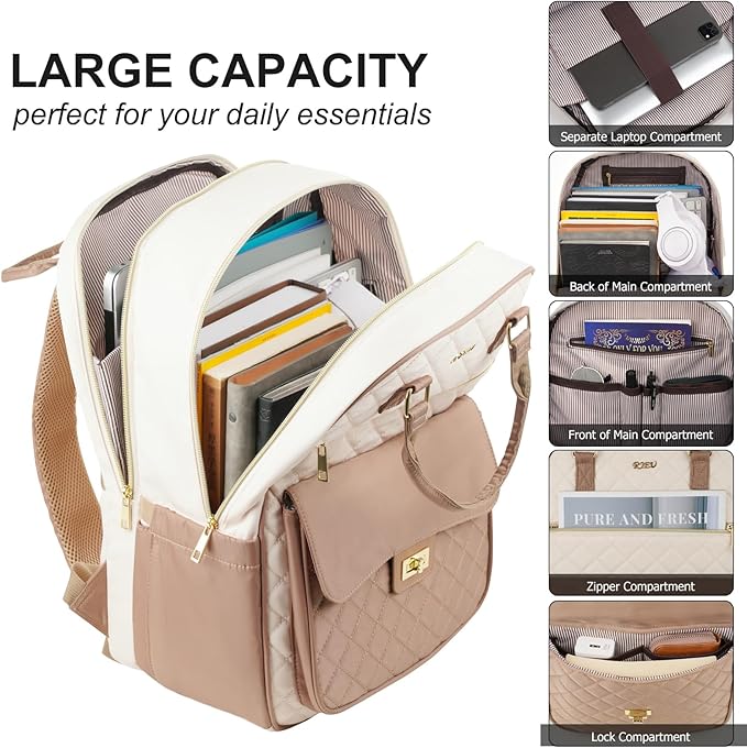 School Backpack for Teen Girl,Aesthetic Schoolbag Bookbag with 15.6-Inch-Laptop Compartment for Women College Student Work Travel Nurse Teacher,Khaki-Beige