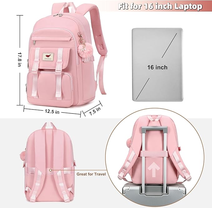 LXYGD 3 PCS Backpack for Teen Girls,Laptop Backpacks 15.6 Inch School Bag with Lunch Box Pencil Pouch Set for Students Aesthetic College Bookbag Travel Daypack(Pink)